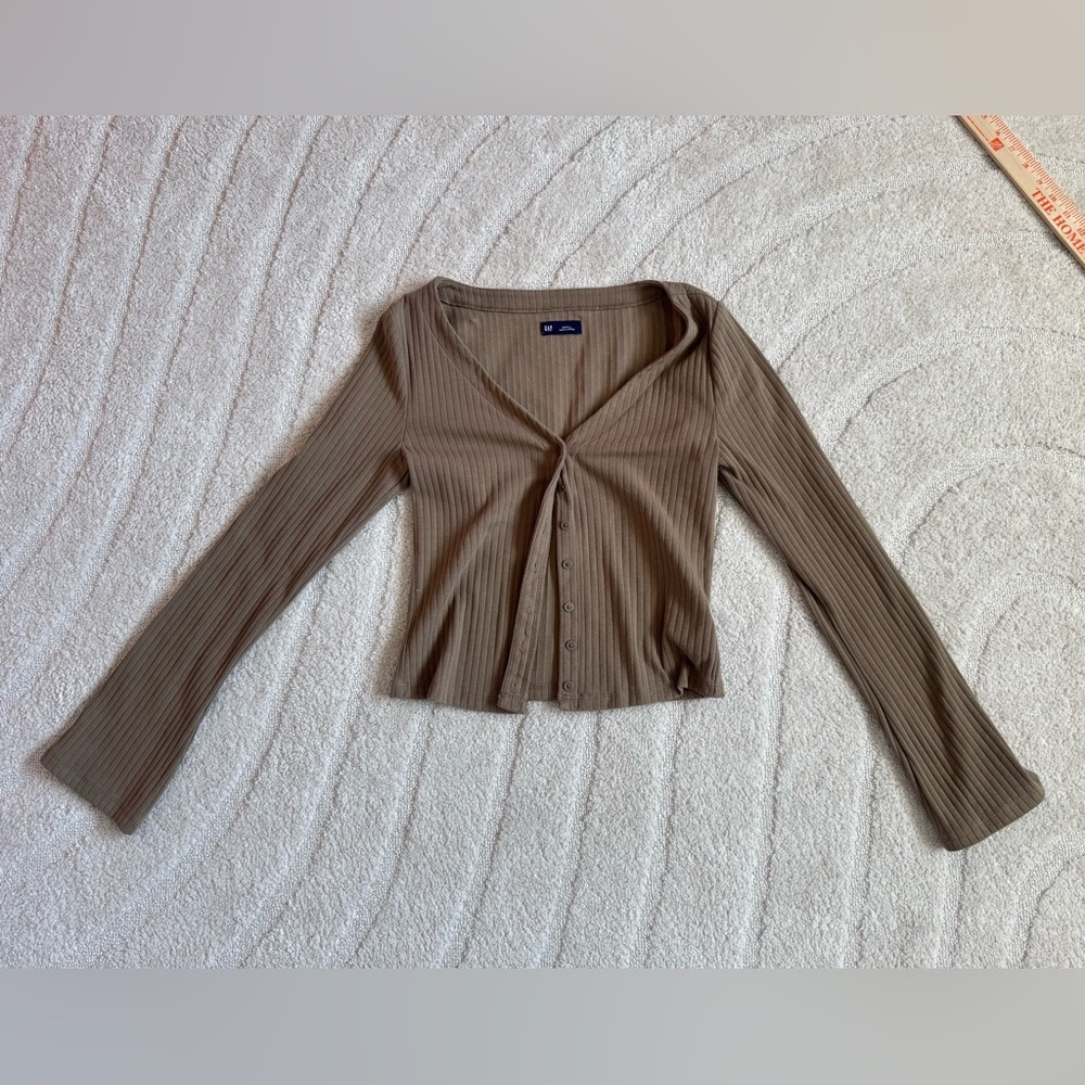 GAP Women's Ribbed Cardigan Sweater Bell Sleeves‎ Flared Sleeve Brown Small